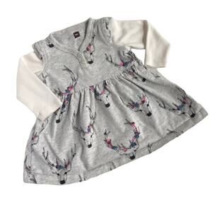 Tea Collection Oh Deer Button Neck Long Sleeve Dress - Gray - 3-6M